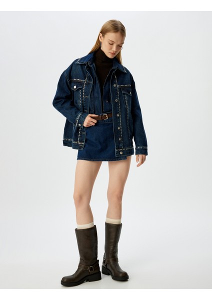 Taşlı Cep Detaylı Klasik Yaka Düğmeli Oversize Kot Ceket