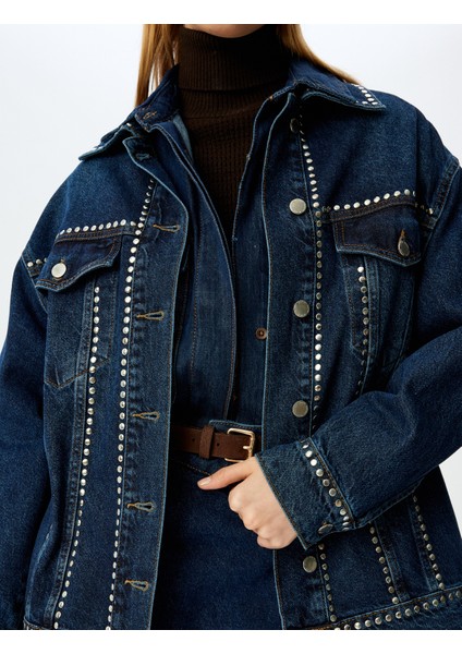 Taşlı Cep Detaylı Klasik Yaka Düğmeli Oversize Kot Ceket indirimleri