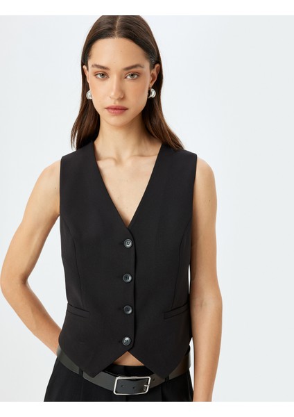 V Yaka Düğmeli Blazer Yelek