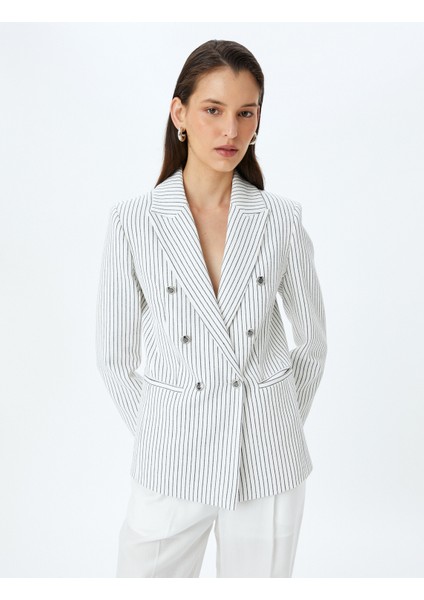 Düğmeli Cepli Kruvaze Çizgili Blazer Ceket modelleri