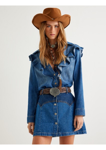 Kot Gömlek Fırfır Detaylı Uzun Kollu Düğmeli Bol Kalıp fiyatları