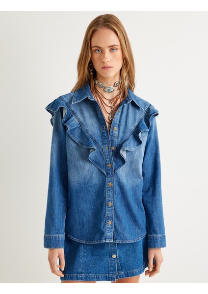 Kot Gömlek Fırfır Detaylı Uzun Kollu Düğmeli Bol Kalıp fırsatları