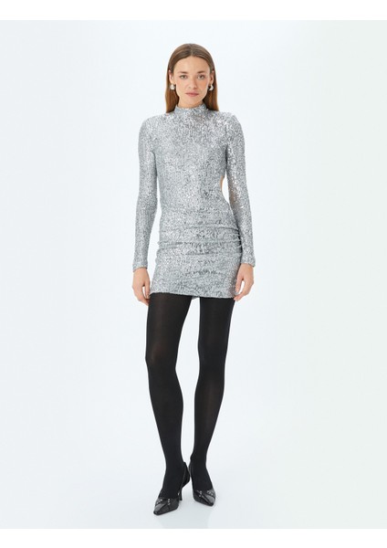 Dik Yaka Uzun Kollu Pencere Detaylı Payetli Mini Abiye Elbise modelleri