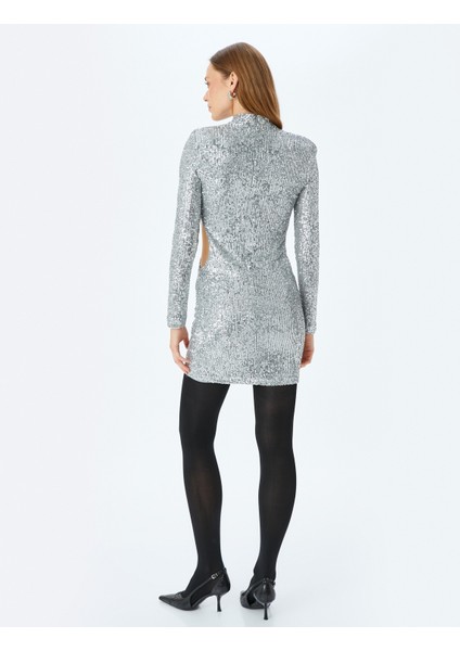 Dik Yaka Uzun Kollu Pencere Detaylı Payetli Mini Abiye Elbise fırsatları