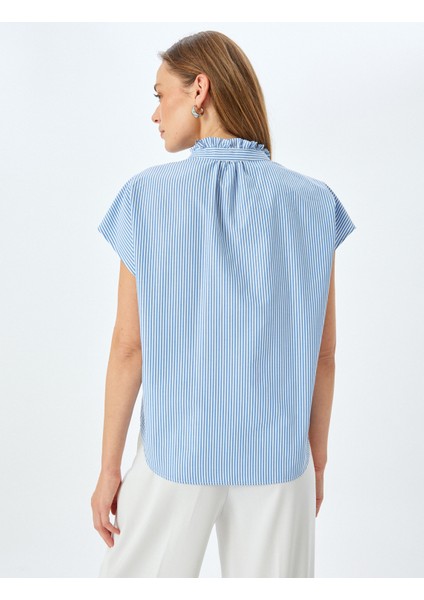 Bol Kalıp Fırfırlı Dik Yaka Çıkma Kısa Kol Çizgili Bluz fırsatları