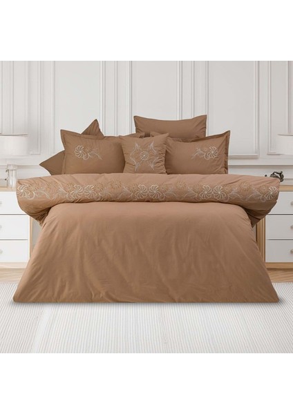 Bonita Liz Pamuklu Çift Kişilik Nakışlı Kombinli Nevresim Seti - Kahve