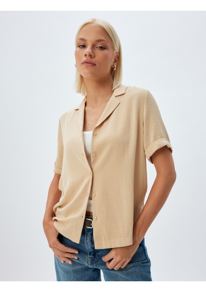 Kısa Kollu Bluz Ceket Yaka Düğmeli Dokulu