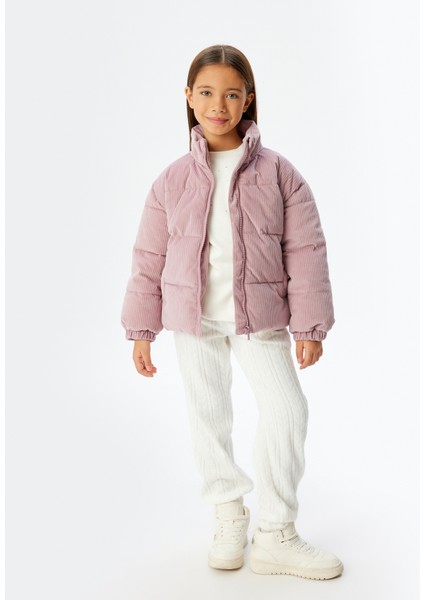 Oversize Bomber Ceket Kadife Dokulu Cep Detaylı Dik Yaka