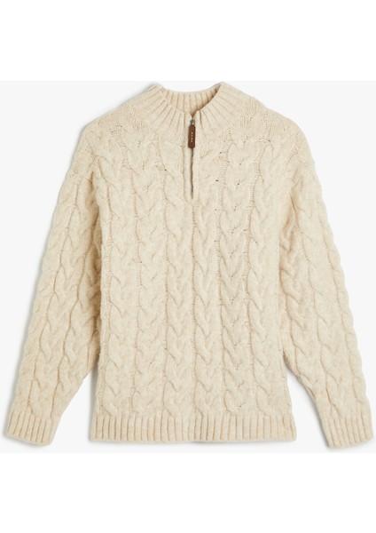 Yarım Fermuarlı Saç Örgüsü Detaylı Uzun Kollu Kazak modelleri