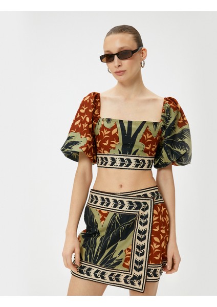 Crop Bluz Kare Yaka Tropikal Baskılı modelleri