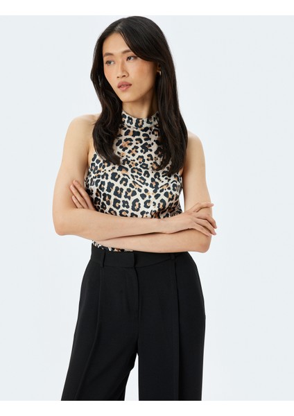 Saten Kolsuz Halter Yaka Leopar Bluz