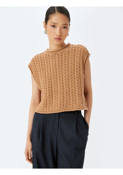 Kolsuz Yuvarlak Yaka Saç Örgü Süveter