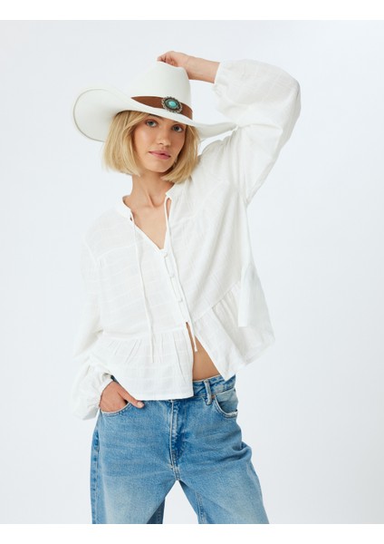 Peplum Bluz Uzun Balon Kol Mandarin Yaka Dokulu