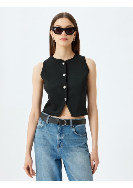 Kolsuz Düğmeli Bisiklet Yaka Triko Yelek modelleri