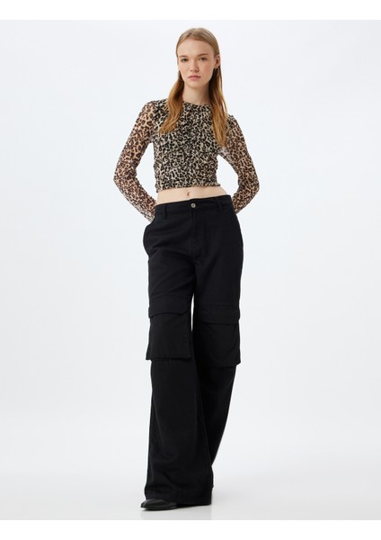 Leopar Tül Bluz Crop Uzun Kollu Bisiklet Yaka Büzgülü fiyatları