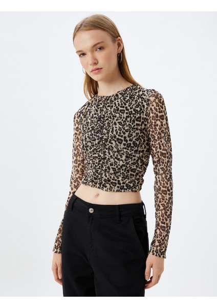 Leopar Tül Bluz Crop Uzun Kollu Bisiklet Yaka Büzgülü modelleri