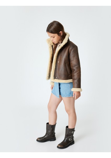 Deri Görünümlü Ceket Peluş Detaylı Dik Yaka Cepli