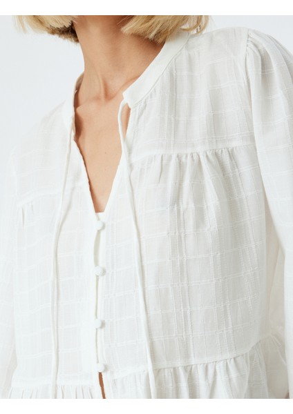 Peplum Bluz Uzun Balon Kol Mandarin Yaka Dokulu indirimleri