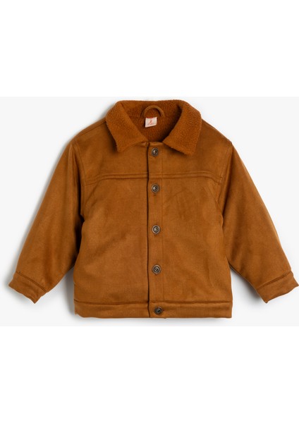 Süet Görünümlü Ceket Polar Yaka Detaylı Düğme Kapamalı