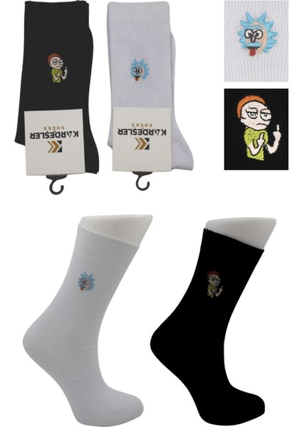 Unisex Desenli Nakışlı Renkli Tenis Kolej Pamuklu Çorap 2'li Paket