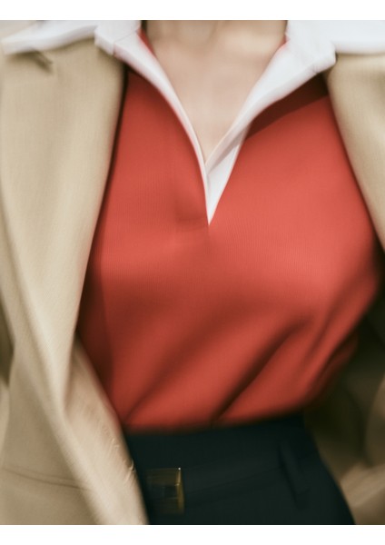 Polo Yaka Triko Kazak Renk Kontrastlı Çift Kumaş Kullanımlı Uzun Kollu