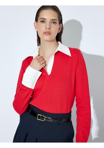 Polo Yaka Triko Kazak Renk Kontrastlı Çift Kumaş Kullanımlı Uzun Kollu fiyatları