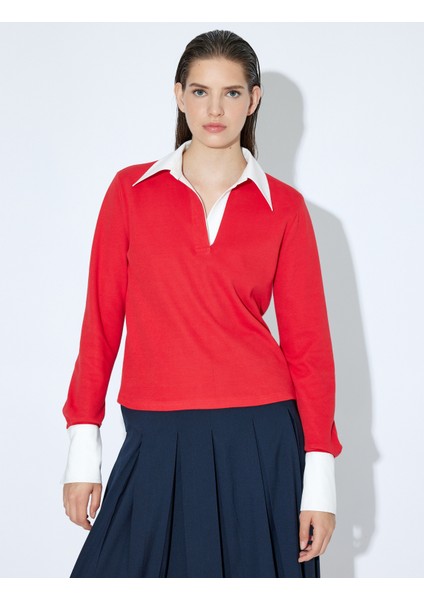 Polo Yaka Triko Kazak Renk Kontrastlı Çift Kumaş Kullanımlı Uzun Kollu fırsatları