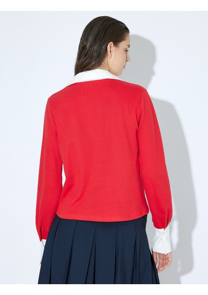 Polo Yaka Triko Kazak Renk Kontrastlı Çift Kumaş Kullanımlı Uzun Kollu indirimleri