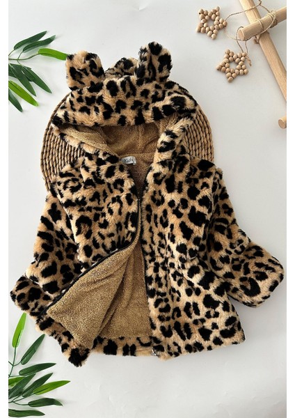 Leopar Desenli Kız Çocuk Kürk kaban - Kahve