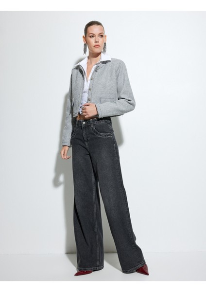 Tüvit Crop Ceket Yuvarlak Yaka Düğmeli Cepli