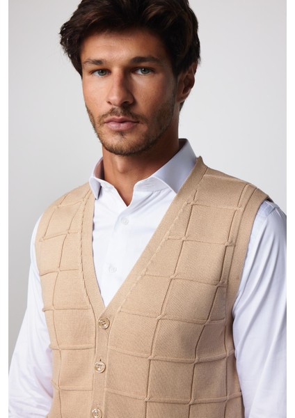 Slim Fit Kare Desenli Taş Rengi Erkek Yelek modelleri