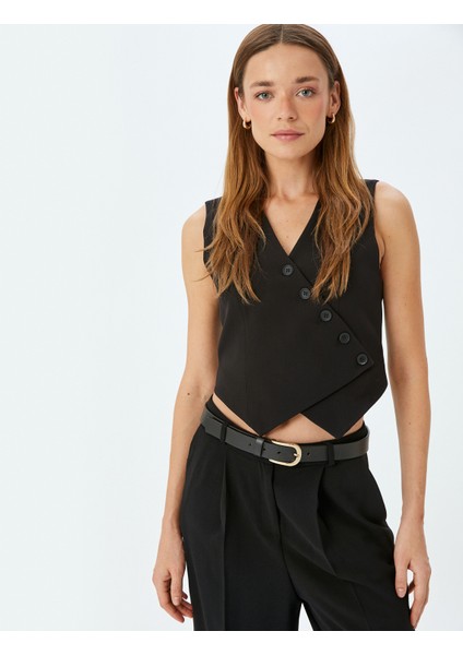 Düğmeli Asimetrik V Yaka Crop Yelek fiyatları