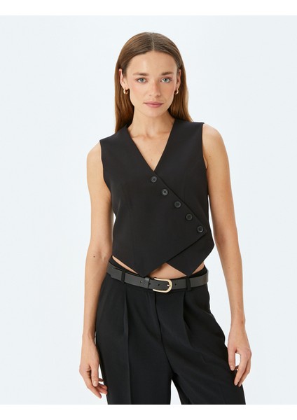 Düğmeli Asimetrik V Yaka Crop Yelek modelleri