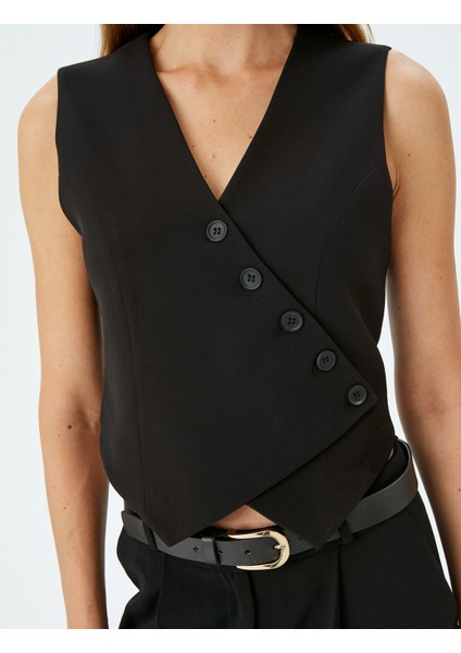 Düğmeli Asimetrik V Yaka Crop Yelek indirimleri