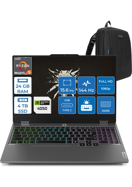 Loq Amd Ryzen 5 8645HS 24GB Ddr5 4tb SSD 6GB/RTX4050/105W Freedos 15.6" Fhd IPS 144Hz Yapay Zeka Destekli Taşınabilir Bilgisayar L83DX008DTRF07 + Zettaçanta