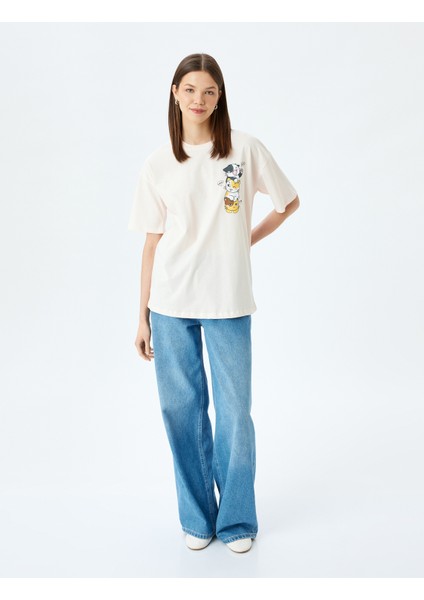 Kedi Baskılı Bisiklet Yaka Kısa Kollu Rahat Kalıp Tişört fiyatları