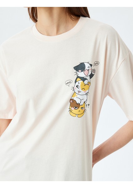 Kedi Baskılı Bisiklet Yaka Kısa Kollu Rahat Kalıp Tişört indirimleri