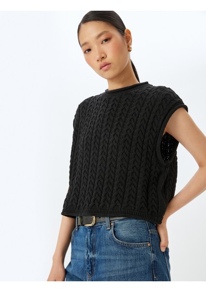 Kolsuz Yuvarlak Yaka Saç Örgü Süveter