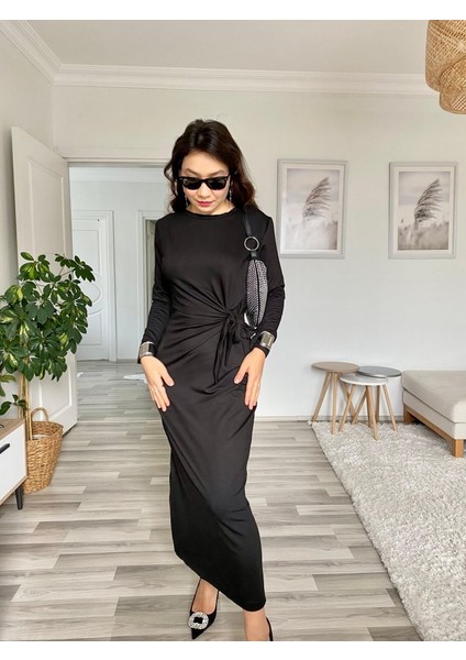 Uzun Kollu Bisiklet Yaka Belden Çapraz Bağlamalı Yandan Yırtmaçlı Uzun Viskon Iki Iplik Elbise