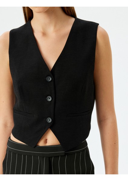 Keten Viskon Karışımlı Düğmeli V Yaka Blazer Yelek