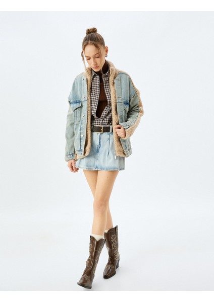 Dik Yaka Düğmeli Cepli Kot Kumaş Detaylı Rahat Kalıp Peluş Ceket