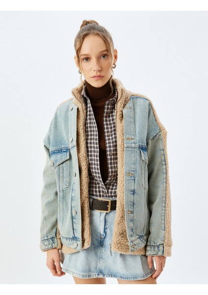 Dik Yaka Düğmeli Cepli Kot Kumaş Detaylı Rahat Kalıp Peluş Ceket modelleri