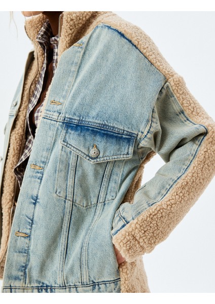 Dik Yaka Düğmeli Cepli Kot Kumaş Detaylı Rahat Kalıp Peluş Ceket indirimleri