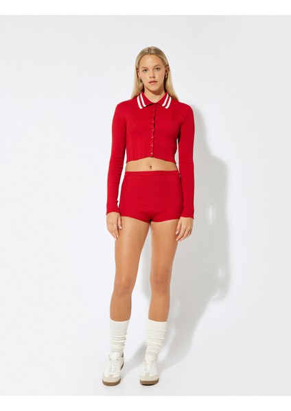 Polo Yaka Biyeli Düğmeli Dokulu Slim Fit Hırka