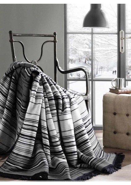 Yumuşak pamuklu 130x170 cm çizgili yatak ve TV battaniyesi, lacivert renk