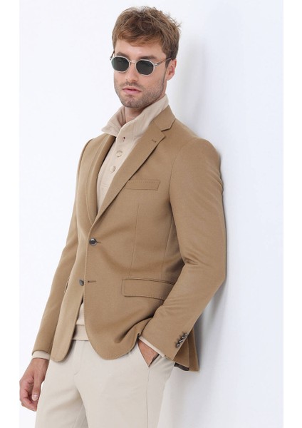Deve Tüyü Düz Modern Fit Yün Karışımlı Ceket