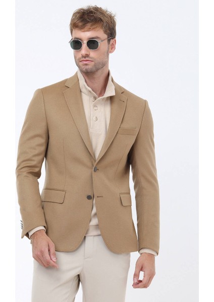 Deve Tüyü Düz Modern Fit Yün Karışımlı Ceket