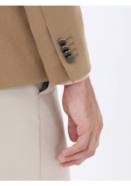 Deve Tüyü Düz Modern Fit Yün Karışımlı Ceket