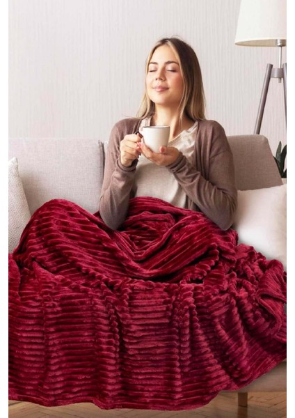 Çizgili tek kişilik sıcak ve şık TV battaniyesi 130x180 cm bordo