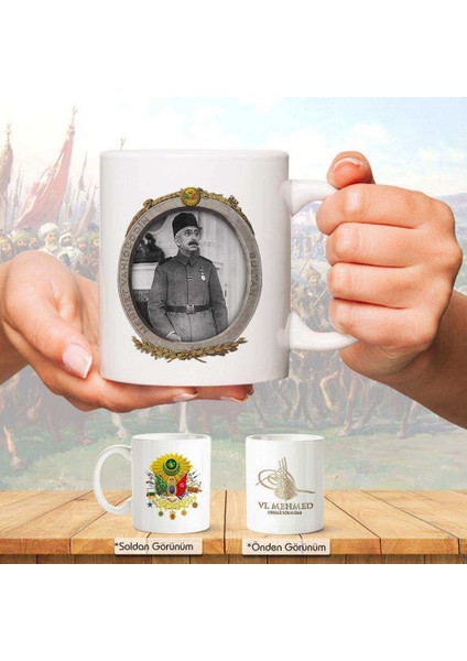 Osmanlı Padişahları Serisi - Vı. Mehmed -Fotoğrafı ve Tuğrası -Arma - Renkli Baskılı Kupa Bardak